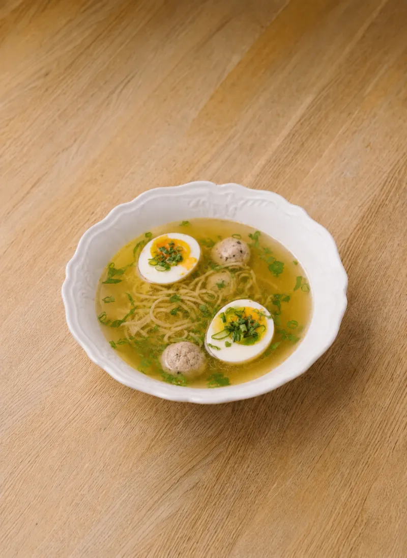 Куриный бульон с домашней лапшой и яйцом